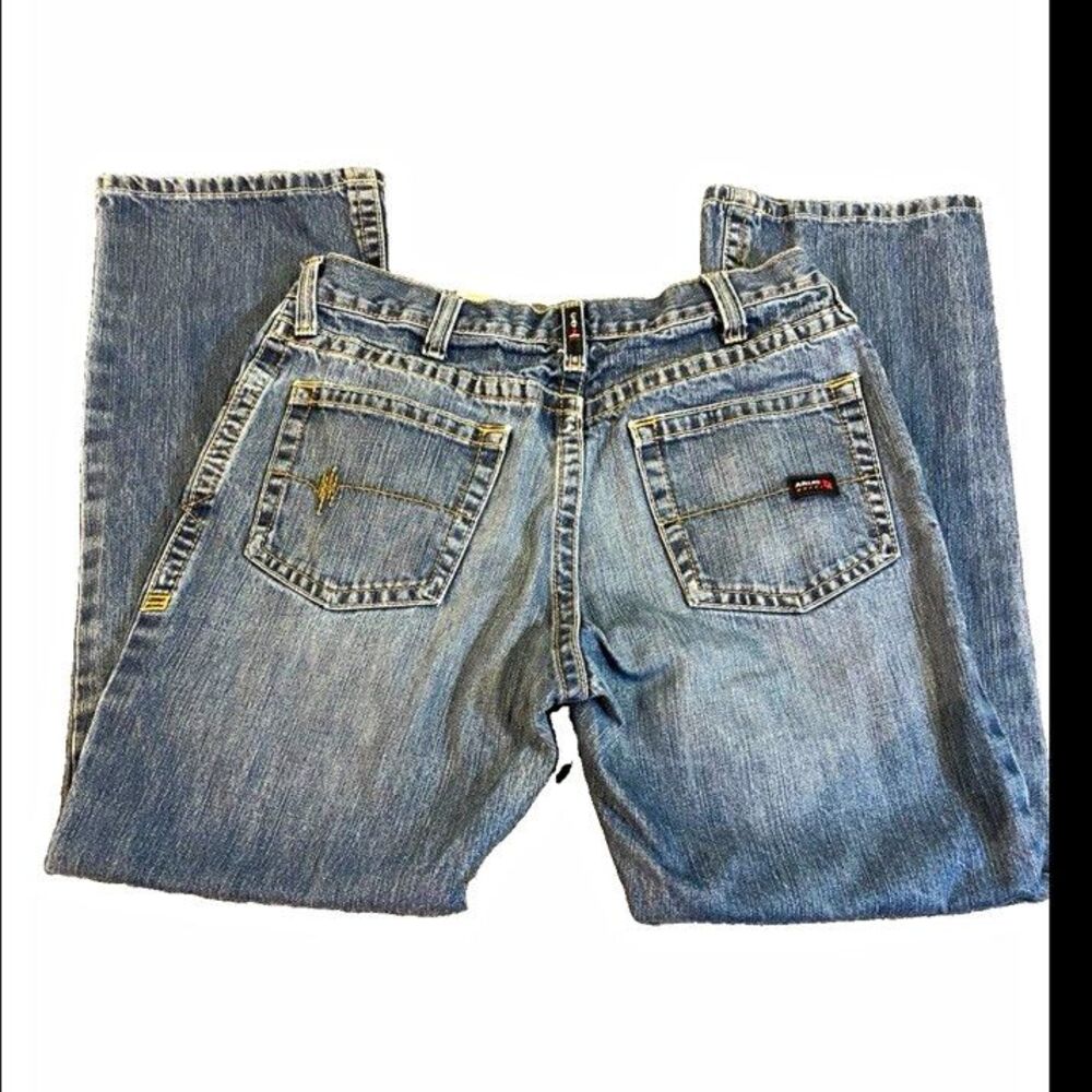 Ariat FR Men’s Blue Medium Wash Cotton Denim Bootcut Jeans Relaxed Fit Logo